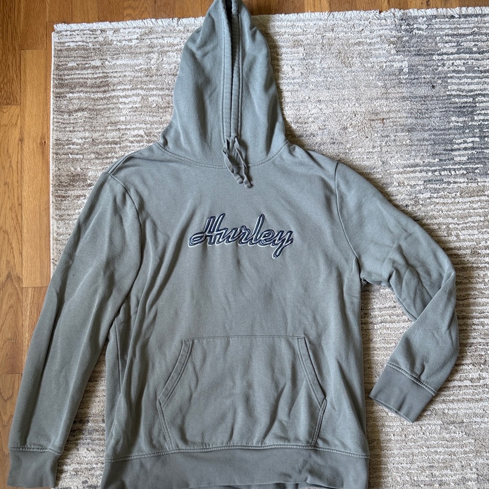 Mens Hurley Olive Green Hooded Pullover with Script Logo. Size XL